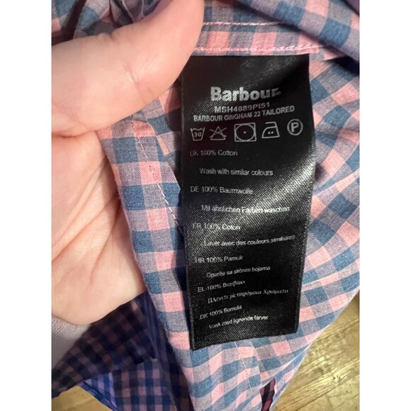 Men’s Barbour Salmon Pink & Blue Gingham Tailored Fit Button Long Sleeve SZ MED - Picture 6 of 7